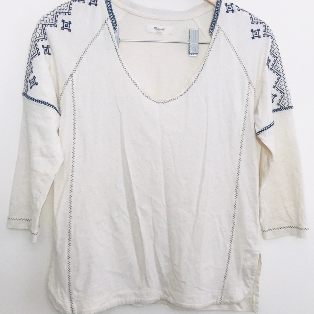 |Madewell| Blue Aztec Off White Embroidered Top